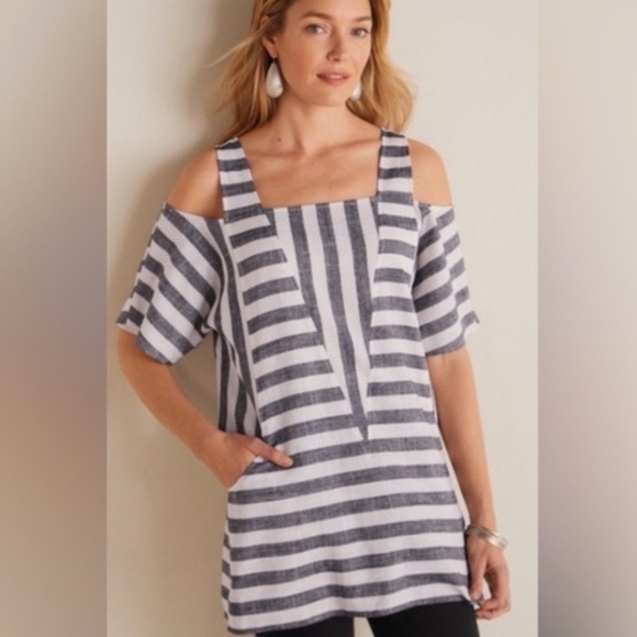 Soft Surroundings Sunset Park Cold Shoulder Tunic Striped Top Size M - Picture 1 of 12